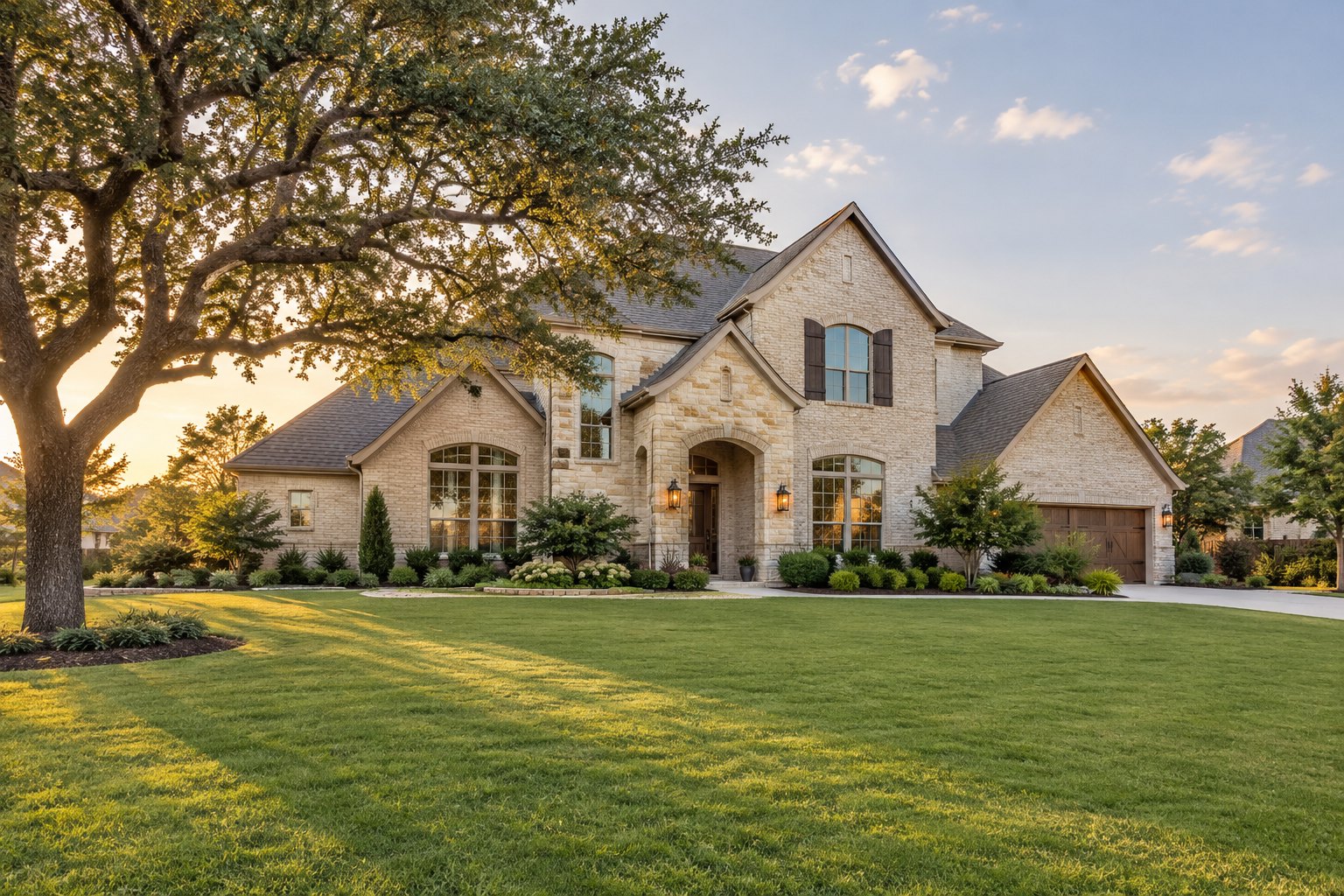 A golden hour view over a North Texas suburban neighborhood