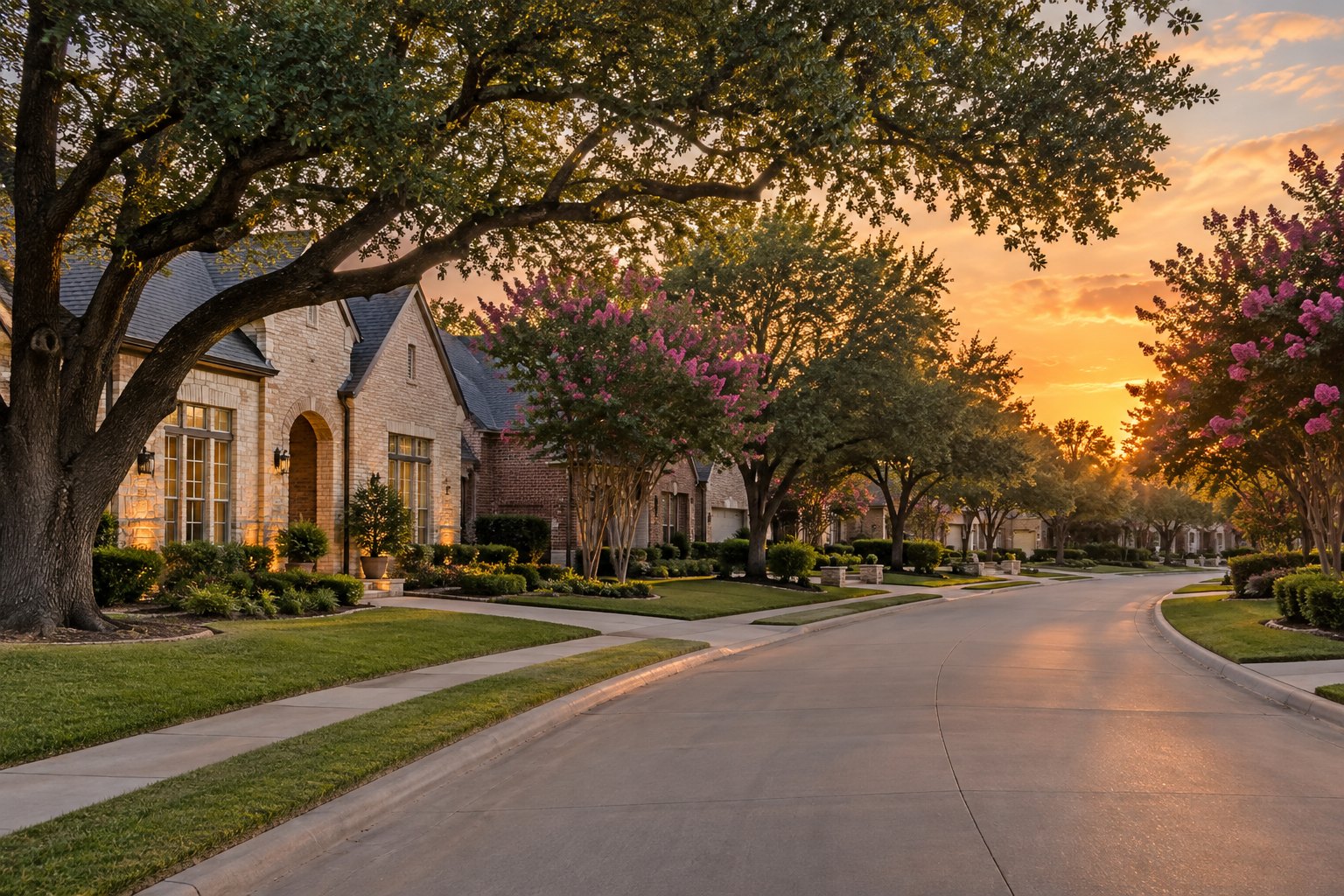 A tree lined Collin County street at sunset, illustrative