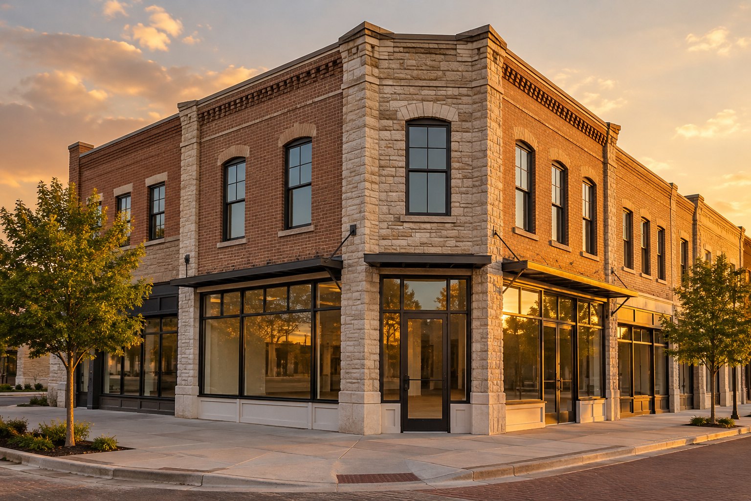A brick mixed use building on a Texas main street, illustrative